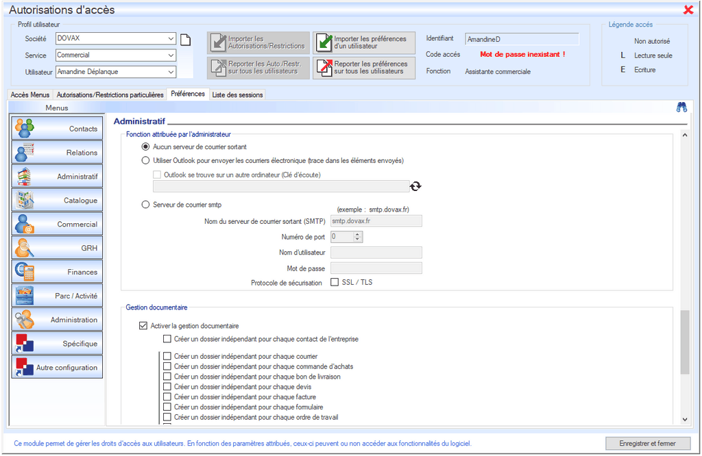 Aperçu paramétrage boite d'envoie de mail