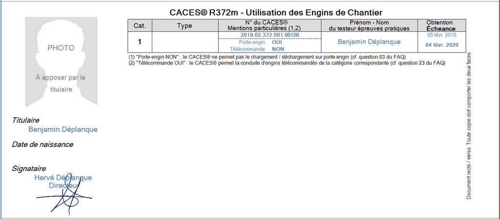 Interface du Module CACES