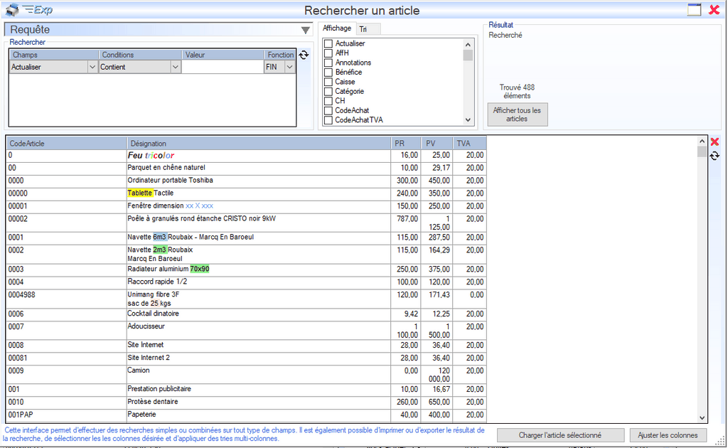 Interface de DOVAX pour exporter les articles du catalogue