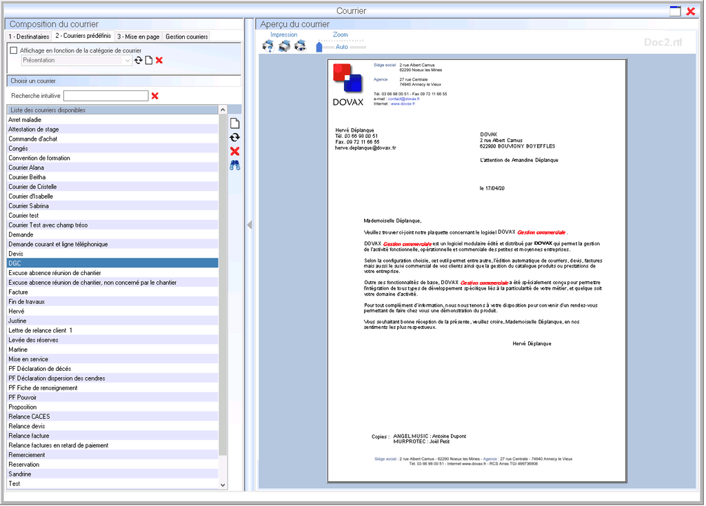 Courrier Interface du Module Aministratif pour réaliser des courriers, mails