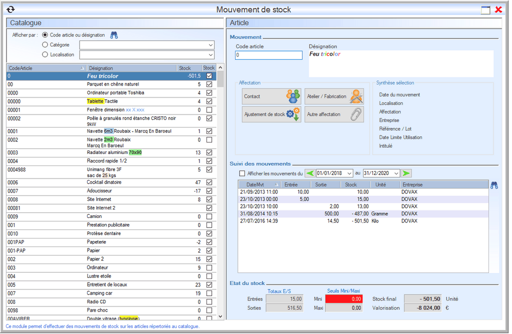 Interface du Module Catalogue