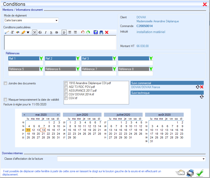 Interface du module finance