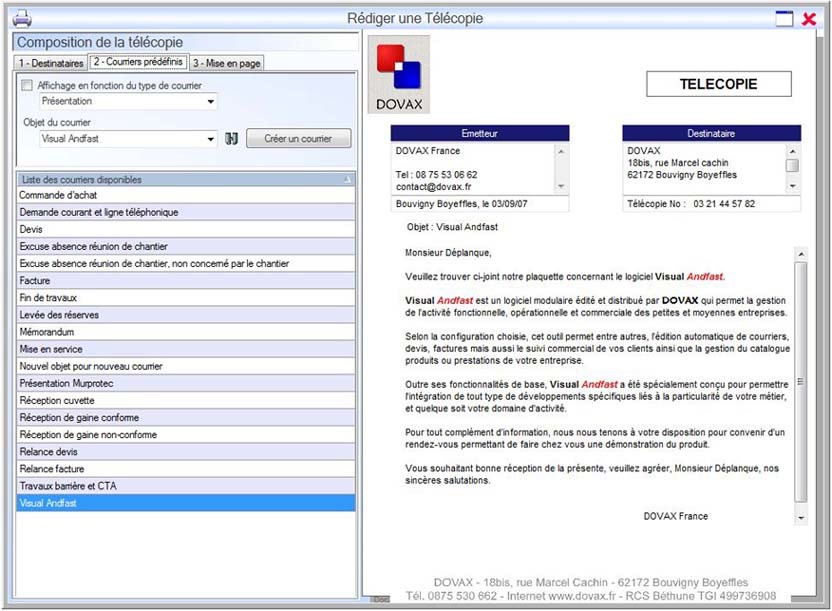 Interface du Module Correspondre pour réaliser une télécopie