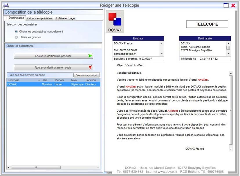 Interface du Module Correspondre pour réaliser une télécopie