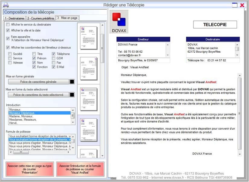 Interface du Module Correspondre pour réaliser une télécopie