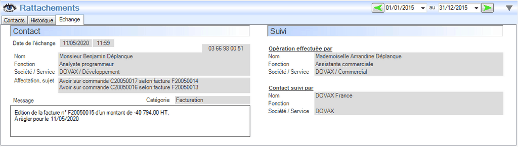 Interface des historiques du logiciel DOVAX Gestion Commerciale