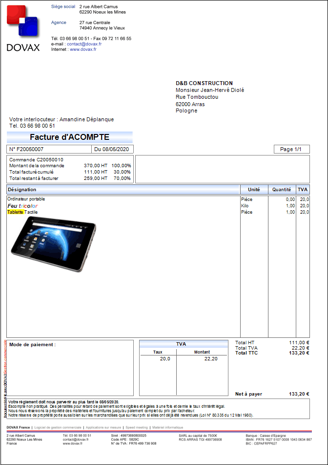 Interface du module des finances