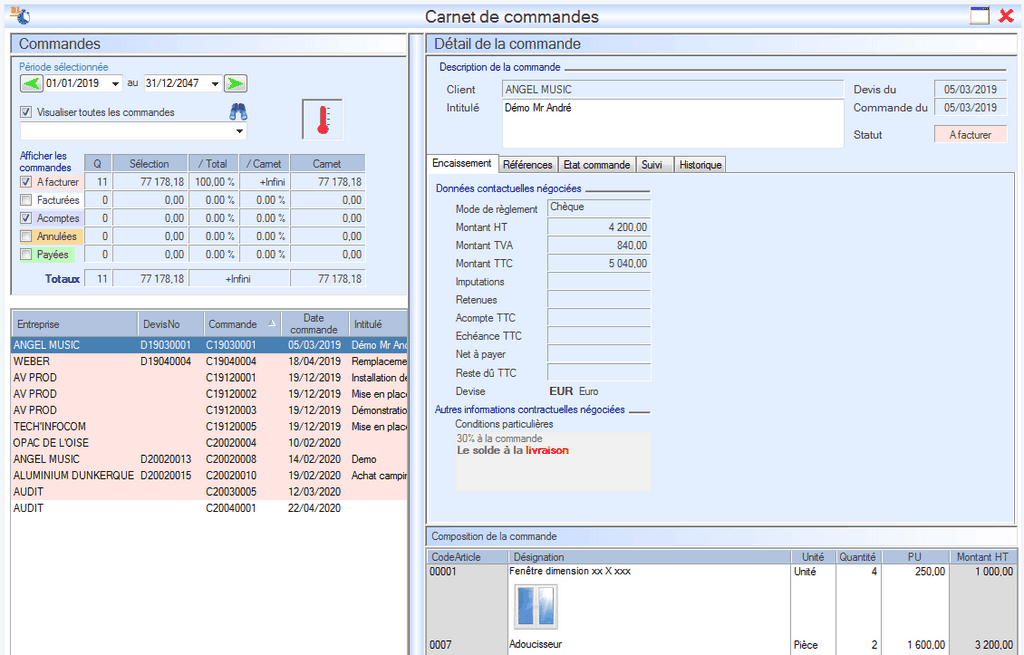 Carnet de commandes Interface du Module Finances