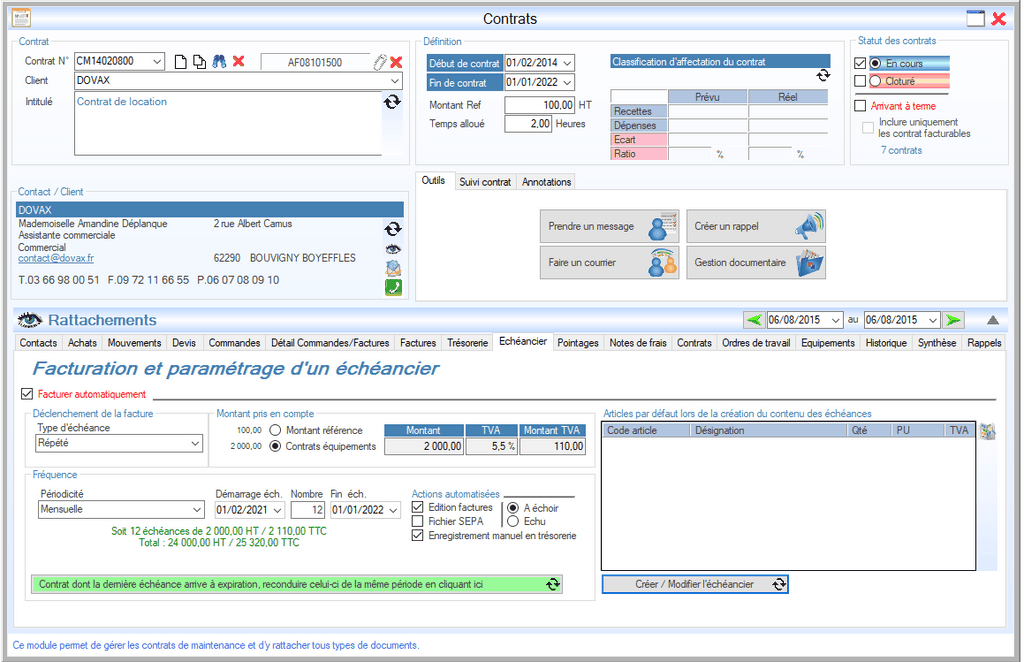 Interface de l'application DOVAX pour créer un contrat