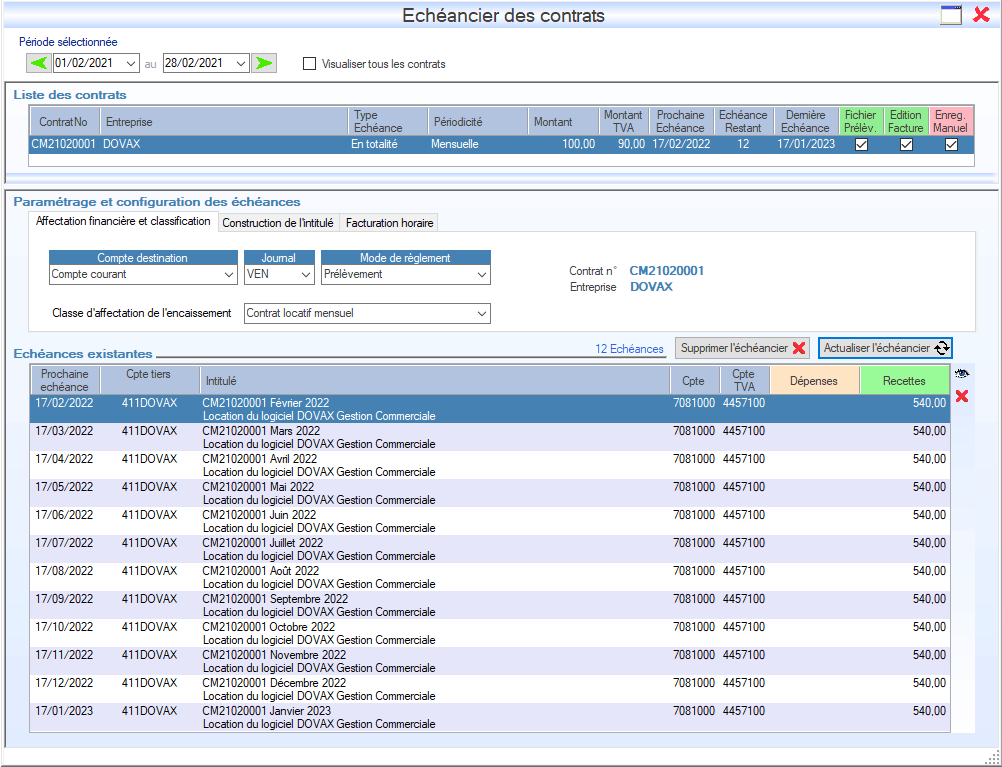 Interface de l'application DOVAX  lors de la création d'échéancier