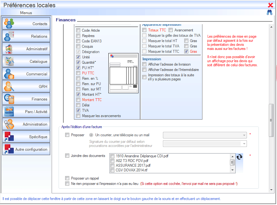 Interface du module commercial 