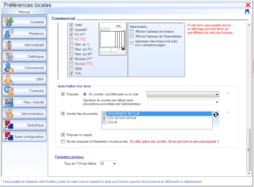 Interface du module commercial 