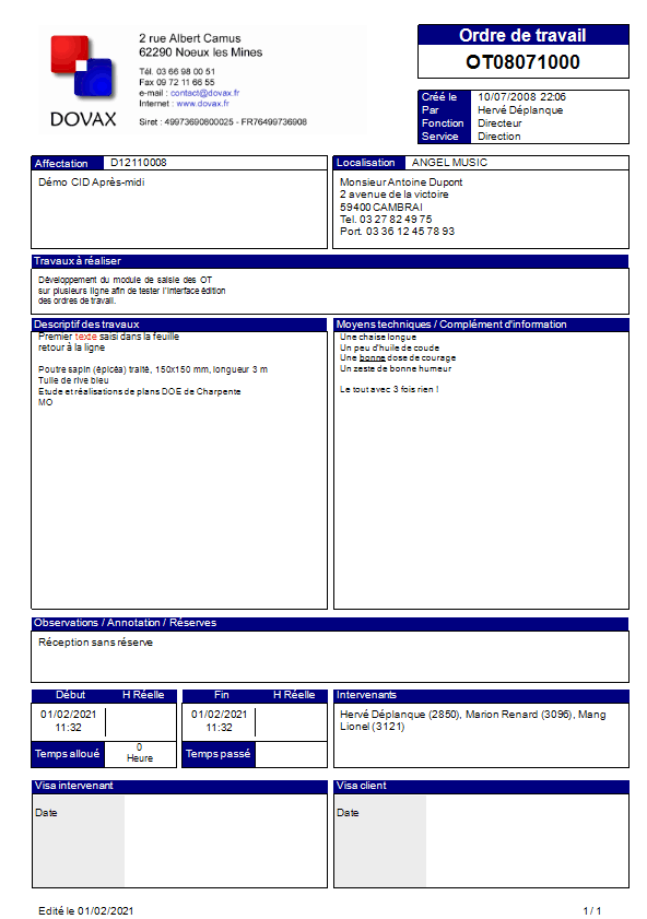 Aperçu d'un Ordre de Travail