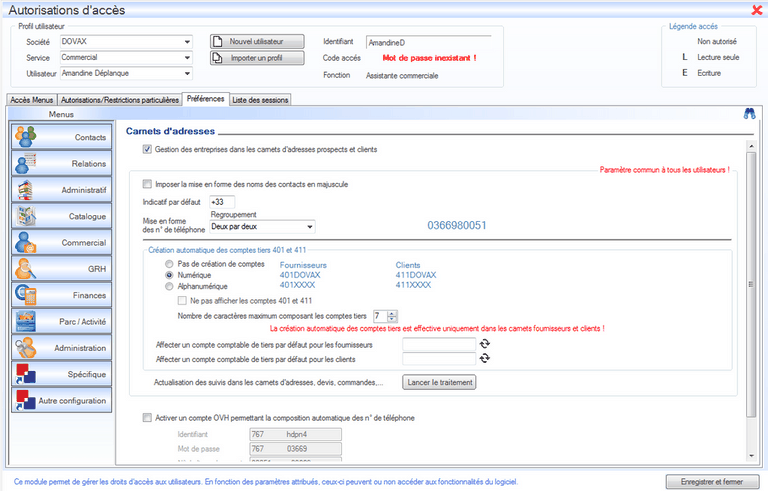 Préférences pour chaque modules Interface du Module Administrateur