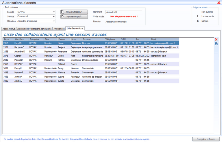 Listes des sessions Interface du Module Administrateur