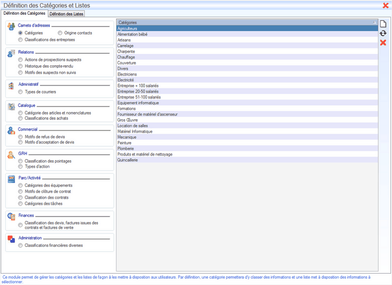 Listes et catégories Interface du Module Administrateur