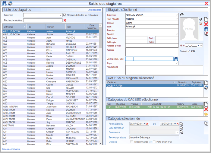 Interface du Module CACES