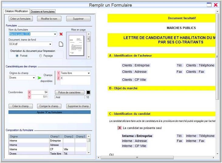 Remplir un formulaire Interface du Module Correspondre pour réaliser un formulaire