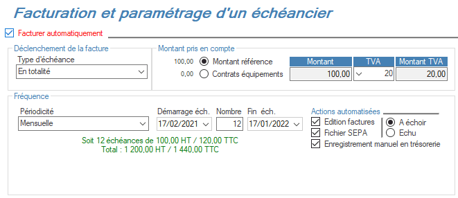 Facturation et paramétrage d'un échéancier Interface de l'application DOVAX pour créer un échéancier