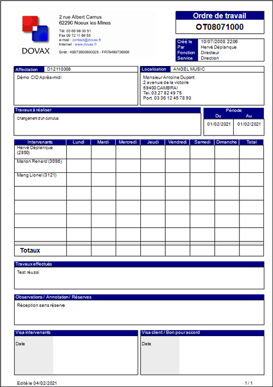 Aperçu d'une fiche horaire Fiche horaire