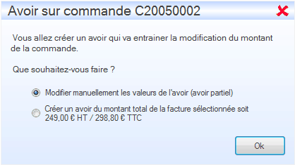 Créer un avoir Interface du module des finances