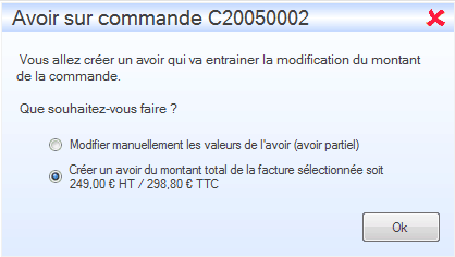 Créer un avoir total Interface du module des finances