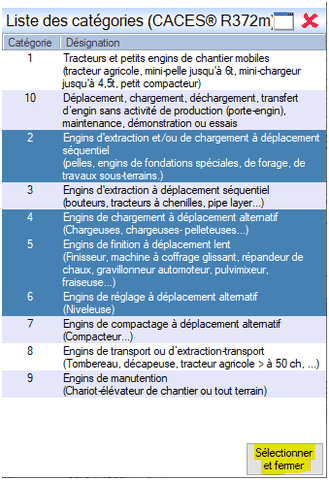 Liste des catégories Interface du Module CACES