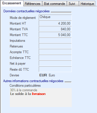 Informations financières sur la commande Interface du Module Finances