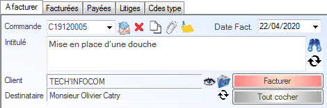 Informations commandes à facturer Interface du Module Finance