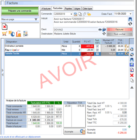 Créer un avoir Interface du module des finances