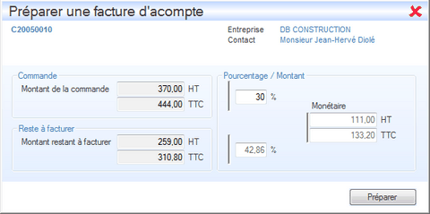 Créer une facture d'acompte Interface du module des finances
