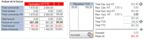 Informations facture d'acompte Interface du module des finances