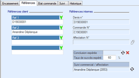 Références de la commande Interface du Module Finances