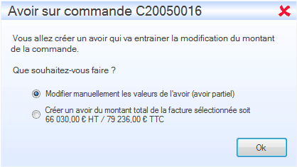 Créer un avoir Interface du module des finances