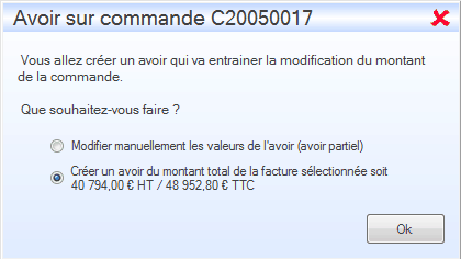 Créer un avoir total Interface du module des finances