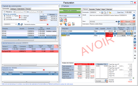 Créer un avoir Interface du module des finances