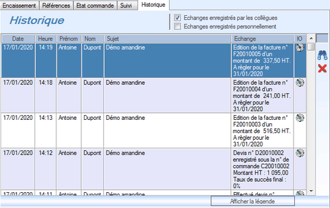 Historiques des échanges Interface du Module Finances