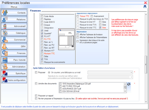 Interface du module commercial 
