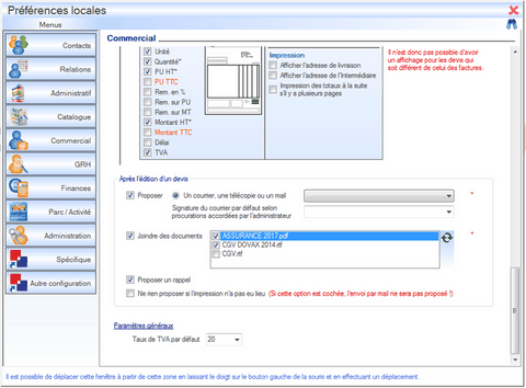 Interface du module commercial 