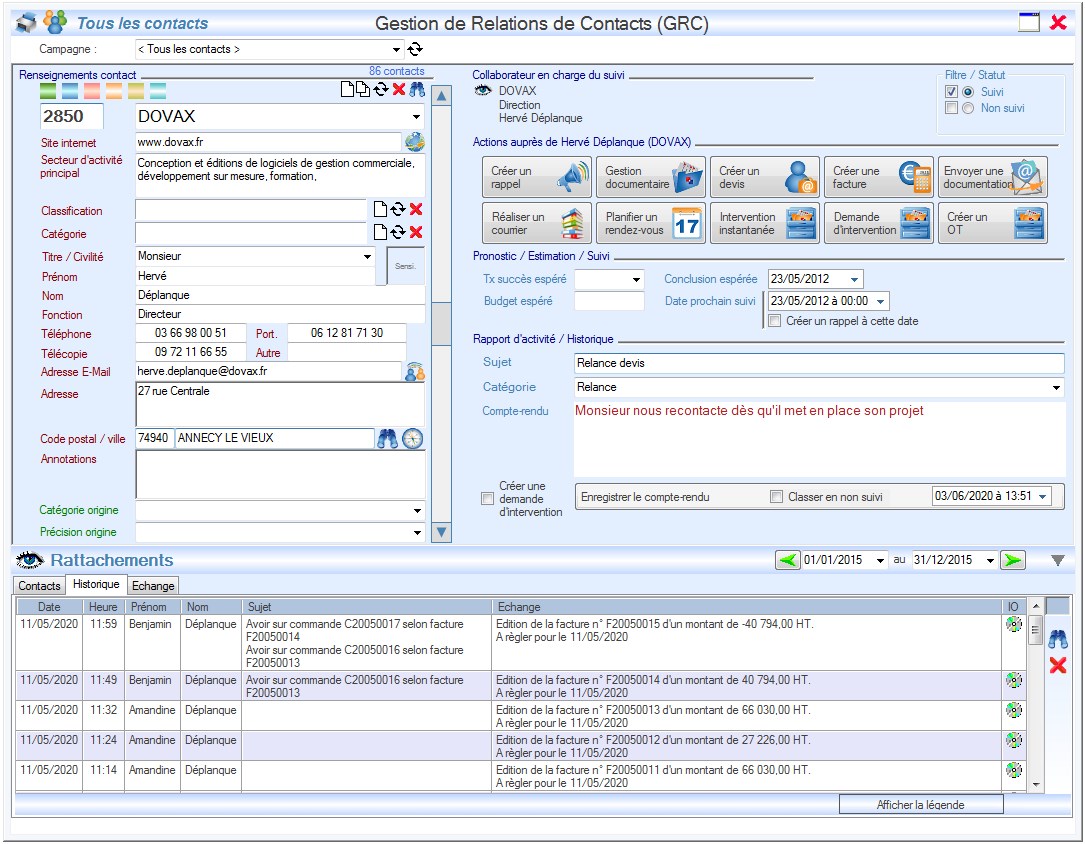 Interface du Module Relation pour réaliser un compte rendu